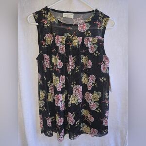 Women's S Black Boho Floral Sheer Sleeveless‎ Yoke Overlay NWT